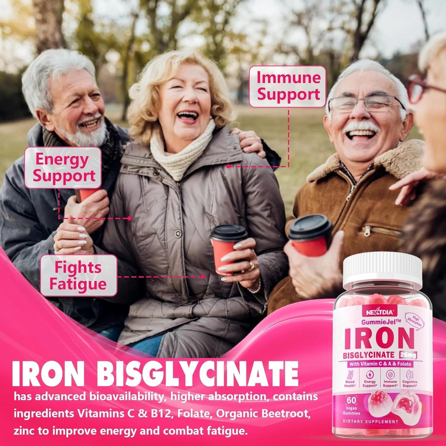 Iron Bisglycinate Gummies with Beet Root, Vitamin C, B12 & Folate - 26mg Gentle Iron Supplement for Energy & Immune Support - Vegan & Sugar-Free - 120 Count