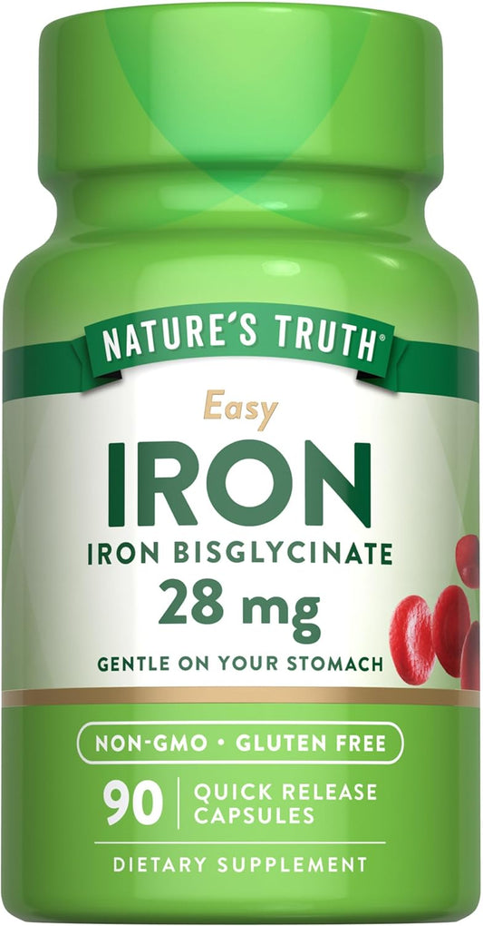 Iron Bisglycinate Supplement 28 mg | 90 Capsules | Non-GMO, Gluten Free | Easy to Swallow Iron Tablets