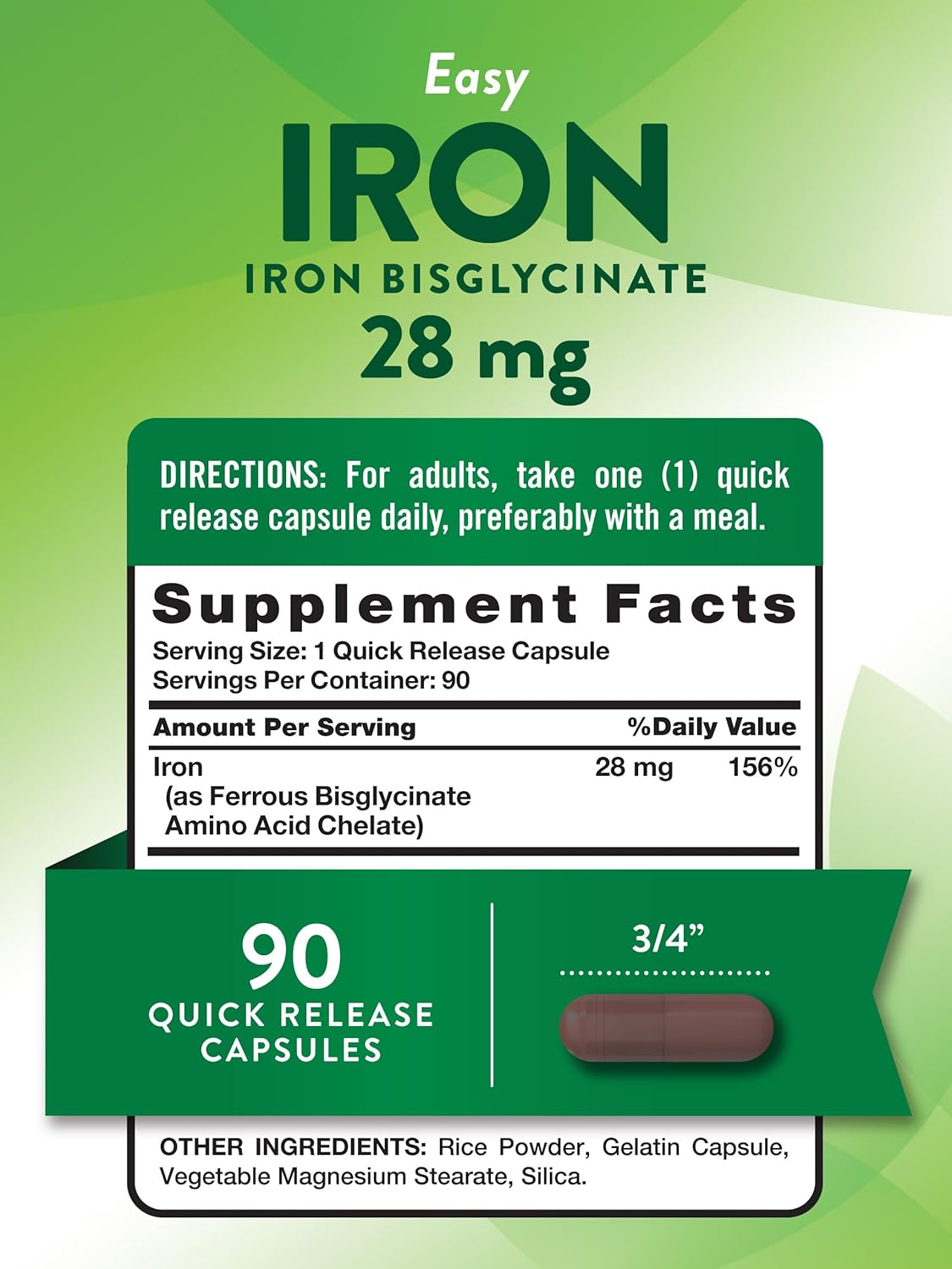 Iron Bisglycinate Supplement 28 mg | 90 Capsules | Non-GMO, Gluten Free | Easy to Swallow Iron Tablets