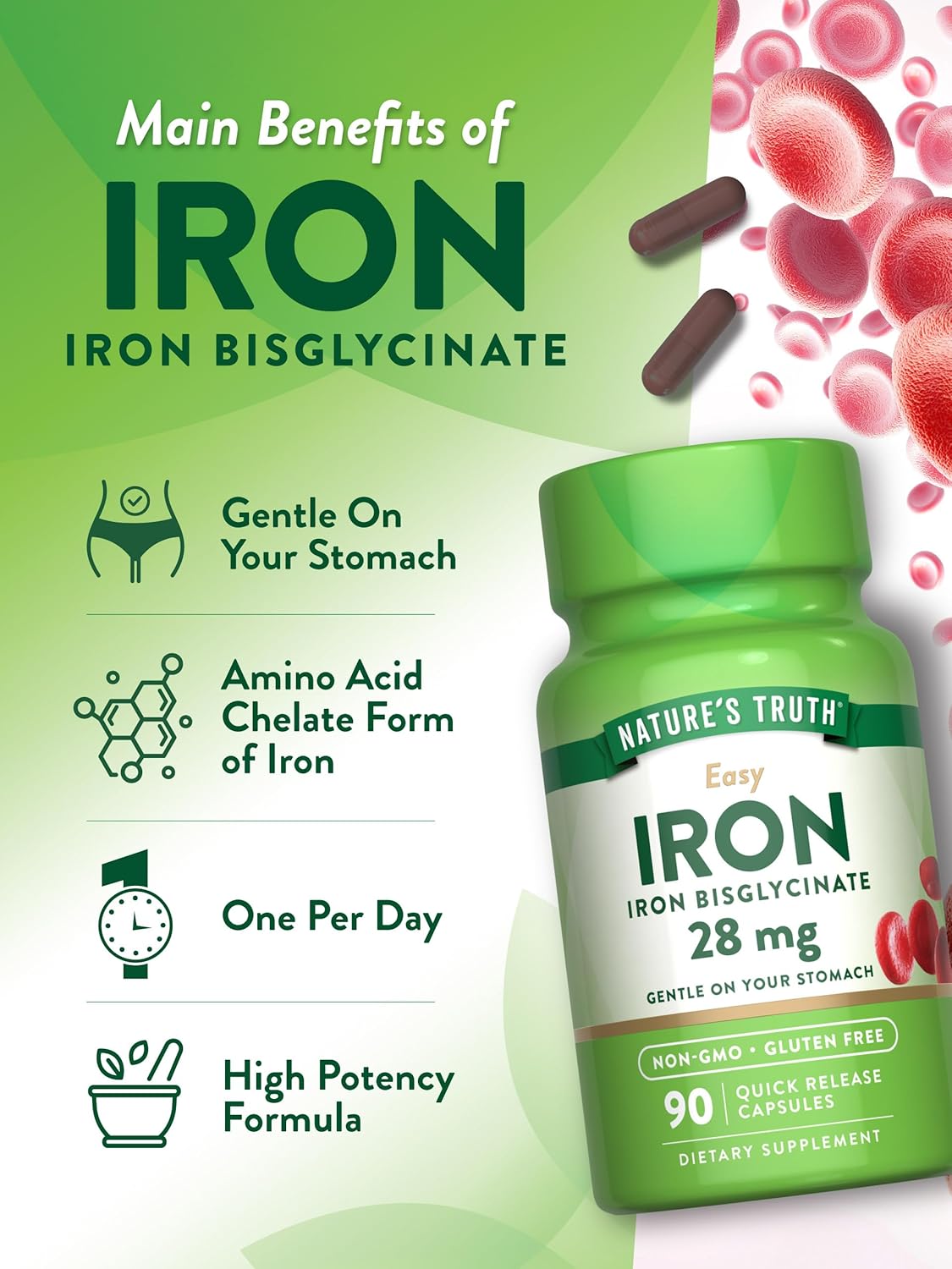 Iron Bisglycinate Supplement 28 mg | 90 Capsules | Non-GMO, Gluten Free | Easy to Swallow Iron Tablets