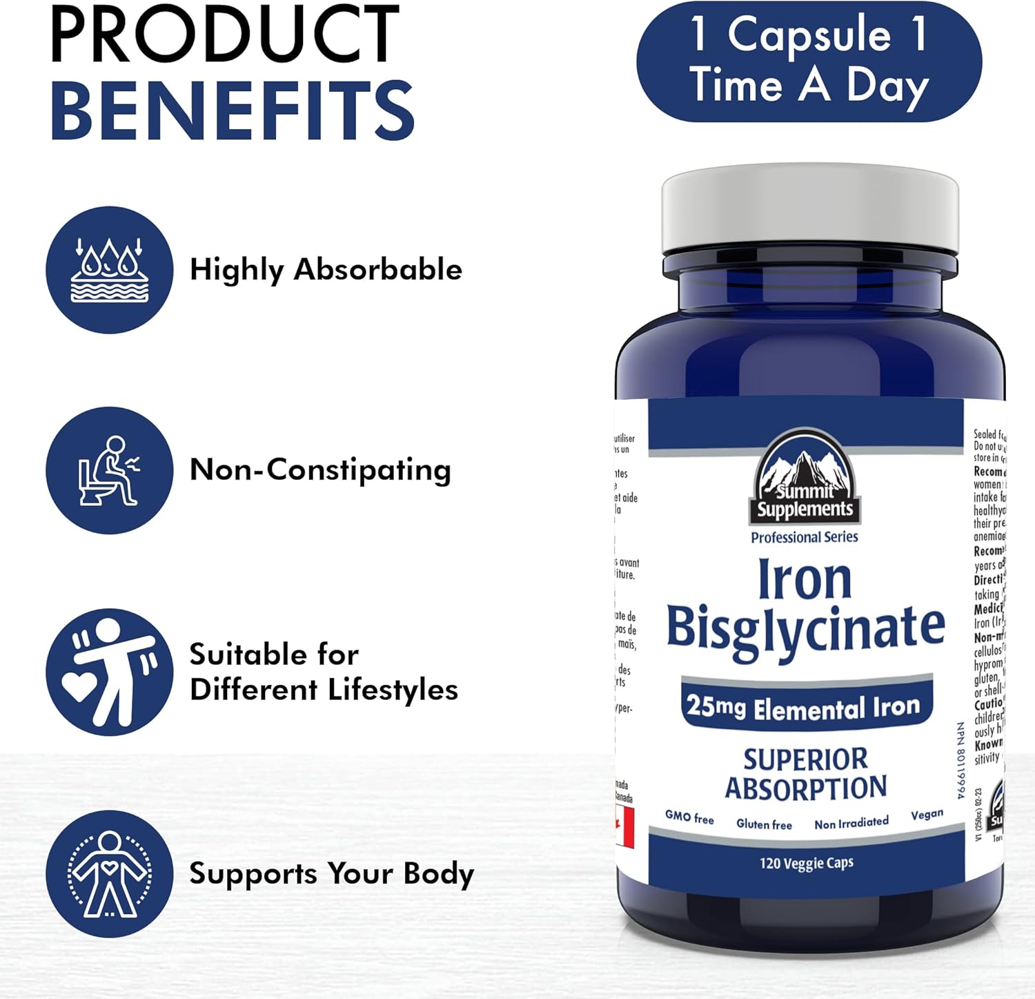 Iron Bisglycinate Supplement for Pregnancy - 25mg Elemental Iron Capsules - Deficiency Support for Women - 3rd Party Tested - Made in Canada
