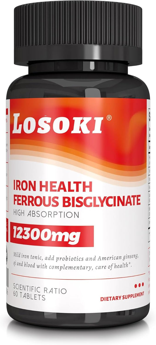 Iron Bisglycinate Supplement with Vitamin C, B12, American Ginseng & Probiotics - Supports Energy & Iron Levels, Gentle on Stomach - Non GMO, 60 Tablets