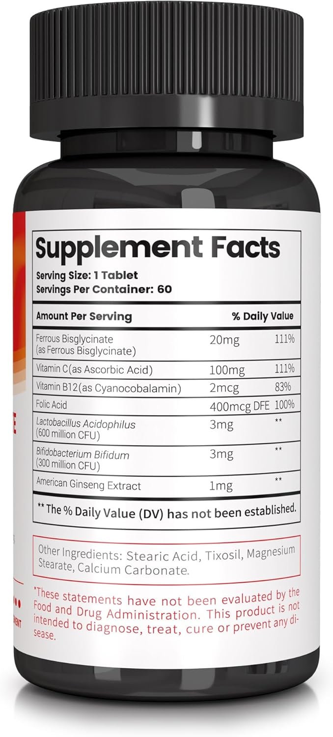 Iron Bisglycinate Supplement with Vitamin C, B12, American Ginseng & Probiotics - Supports Energy & Iron Levels, Gentle on Stomach - Non GMO, 60 Tablets