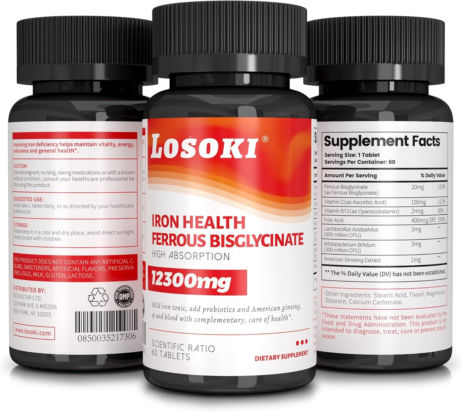 Iron Bisglycinate Supplement with Vitamin C, B12, American Ginseng & Probiotics - Supports Energy & Iron Levels, Gentle on Stomach - Non GMO, 60 Tablets