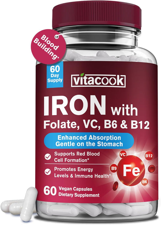 Iron Bisglycinate Supplement with Vitamin C, B6, B12, Folate - Stomach Friendly, Non-Constipating for Energy & Blood Health