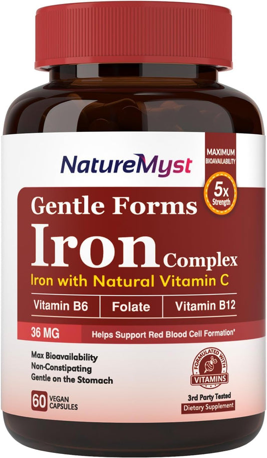 Iron Bisglycinate Supplement with Vitamin C, Folate, B6 & B12 for Men and Women - Non-Constipating Vegan Capsules for Blood, Energy & Immune Support - Gentle on Stomach
