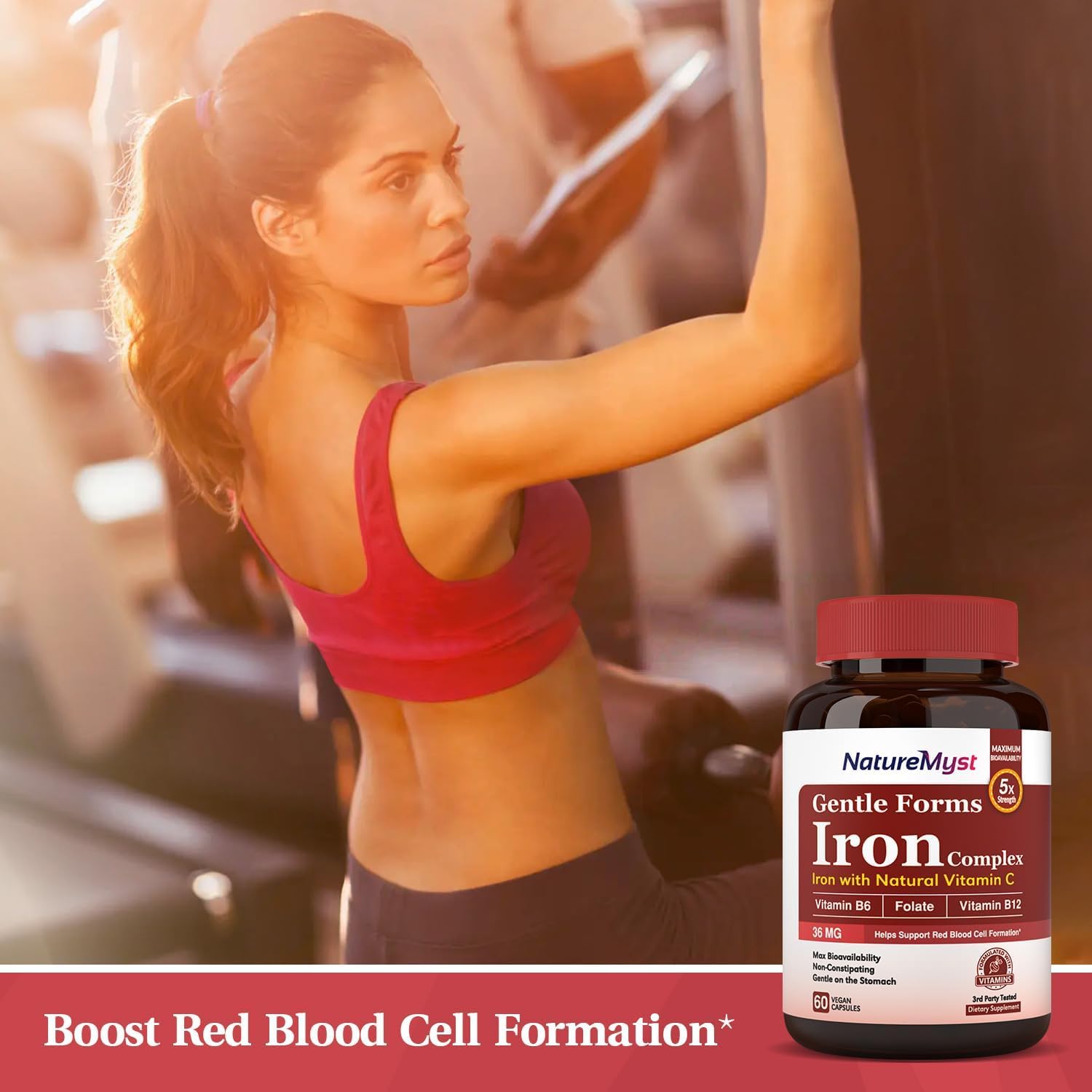 Iron Bisglycinate Supplement with Vitamin C, Folate, B6 & B12 for Men and Women - Non-Constipating Vegan Capsules for Blood, Energy & Immune Support - Gentle on Stomach