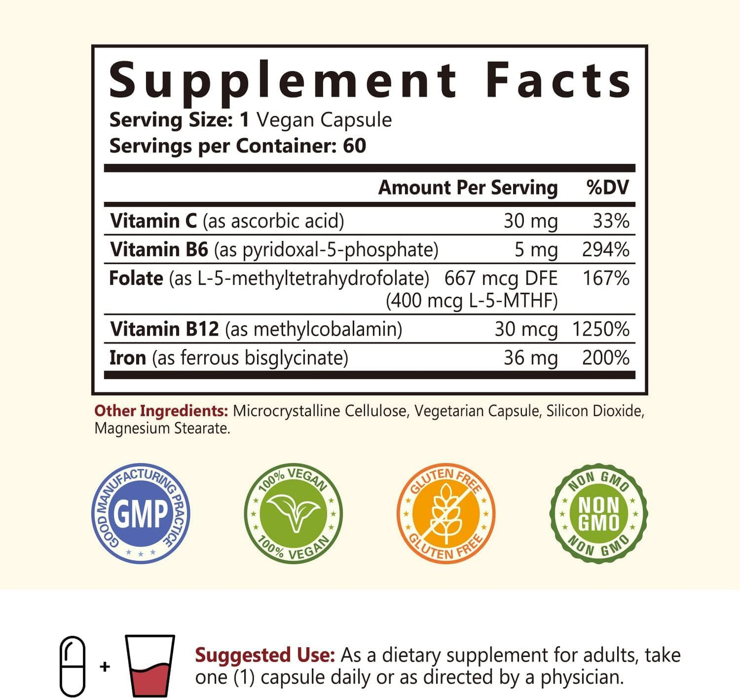 Iron Bisglycinate Supplement with Vitamin C, Folate, B6 & B12 for Men and Women - Non-Constipating Vegan Capsules for Blood, Energy & Immune Support - Gentle on Stomach