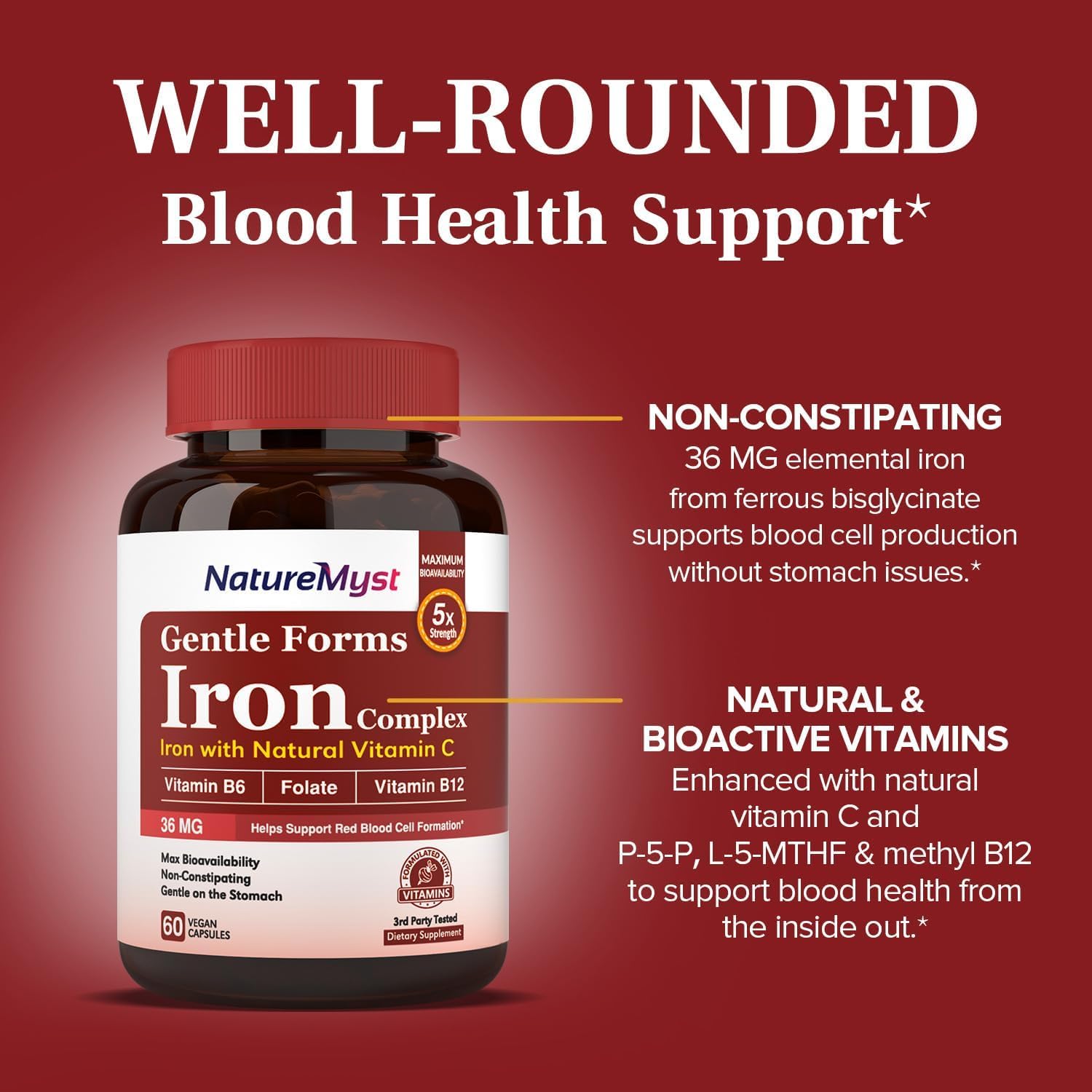 Iron Bisglycinate Supplement with Vitamin C, Folate, B6 & B12 for Men and Women - Non-Constipating Vegan Capsules for Blood, Energy & Immune Support - Gentle on Stomach