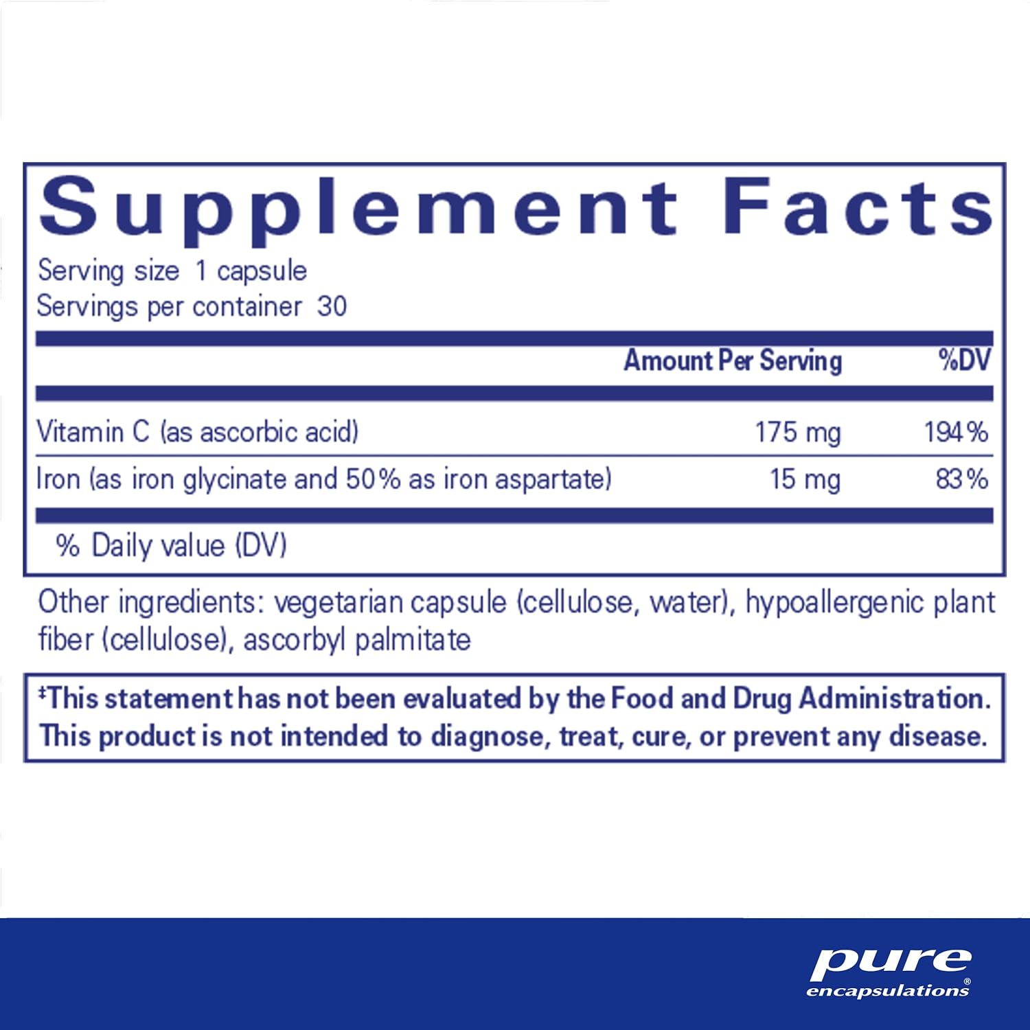 Iron-C Supplement: 15mg Iron + 175mg Vitamin C for Red Blood Cell Support, Energy, Highly Bioavailable, Gluten Free & Vegan - 30 Capsules