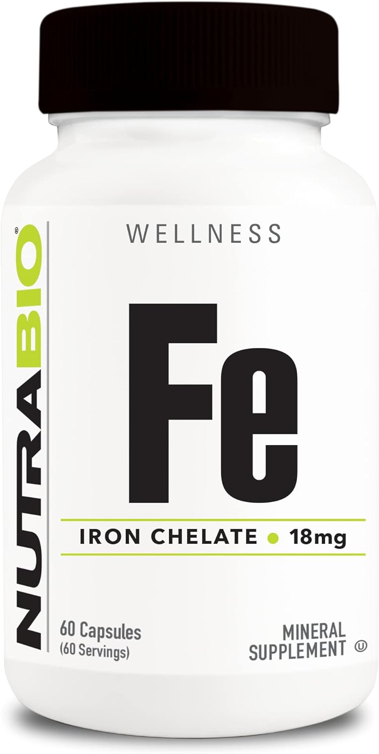 Iron Chelate Supplements (18mg) for Red Blood Cell Health - NutraBio Ferrous Bisglycinate Chelate Capsules for Men and Women (60 Count)