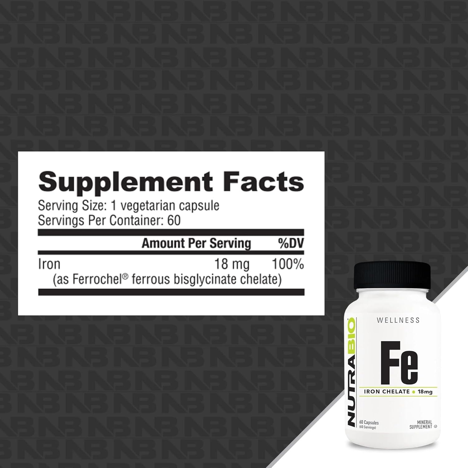 Iron Chelate Supplements (18mg) for Red Blood Cell Health - NutraBio Ferrous Bisglycinate Chelate Capsules for Men and Women (60 Count)