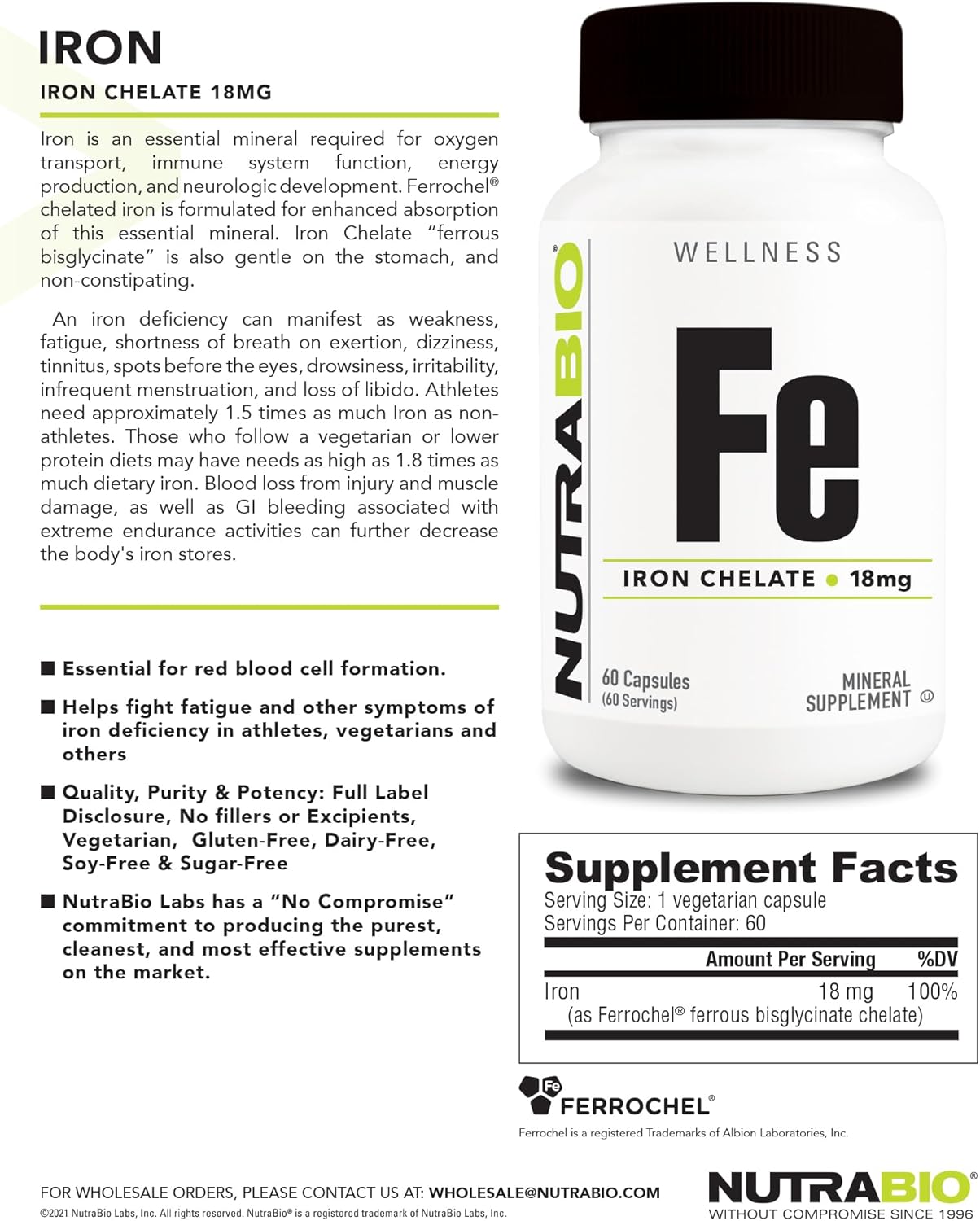 Iron Chelate Supplements (18mg) for Red Blood Cell Health - NutraBio Ferrous Bisglycinate Chelate Capsules for Men and Women (60 Count)