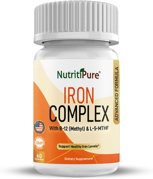Iron Complex Capsules with Carbonyl Iron, Quatrefolic, B12, B6, and Vitamin C - Non-Constipating Blood Building Formula for Women & Men - 60 Caps
