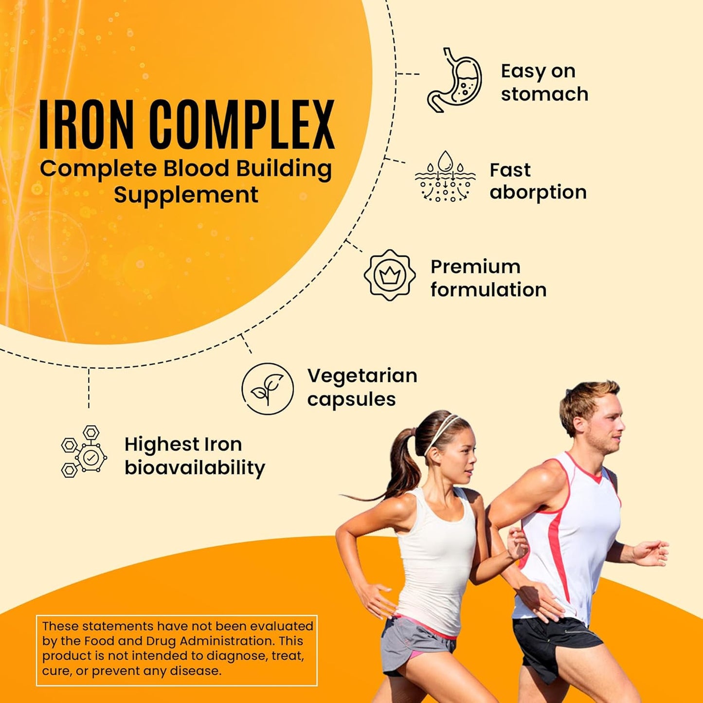 Iron Complex Capsules with Carbonyl Iron, Quatrefolic, B12, B6, and Vitamin C - Non-Constipating Blood Building Formula for Women & Men - 60 Caps