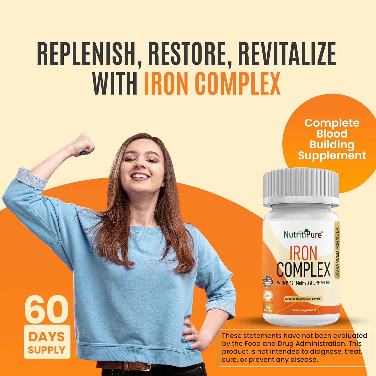 Iron Complex Capsules with Carbonyl Iron, Quatrefolic, B12, B6, and Vitamin C - Non-Constipating Blood Building Formula for Women & Men - 60 Caps