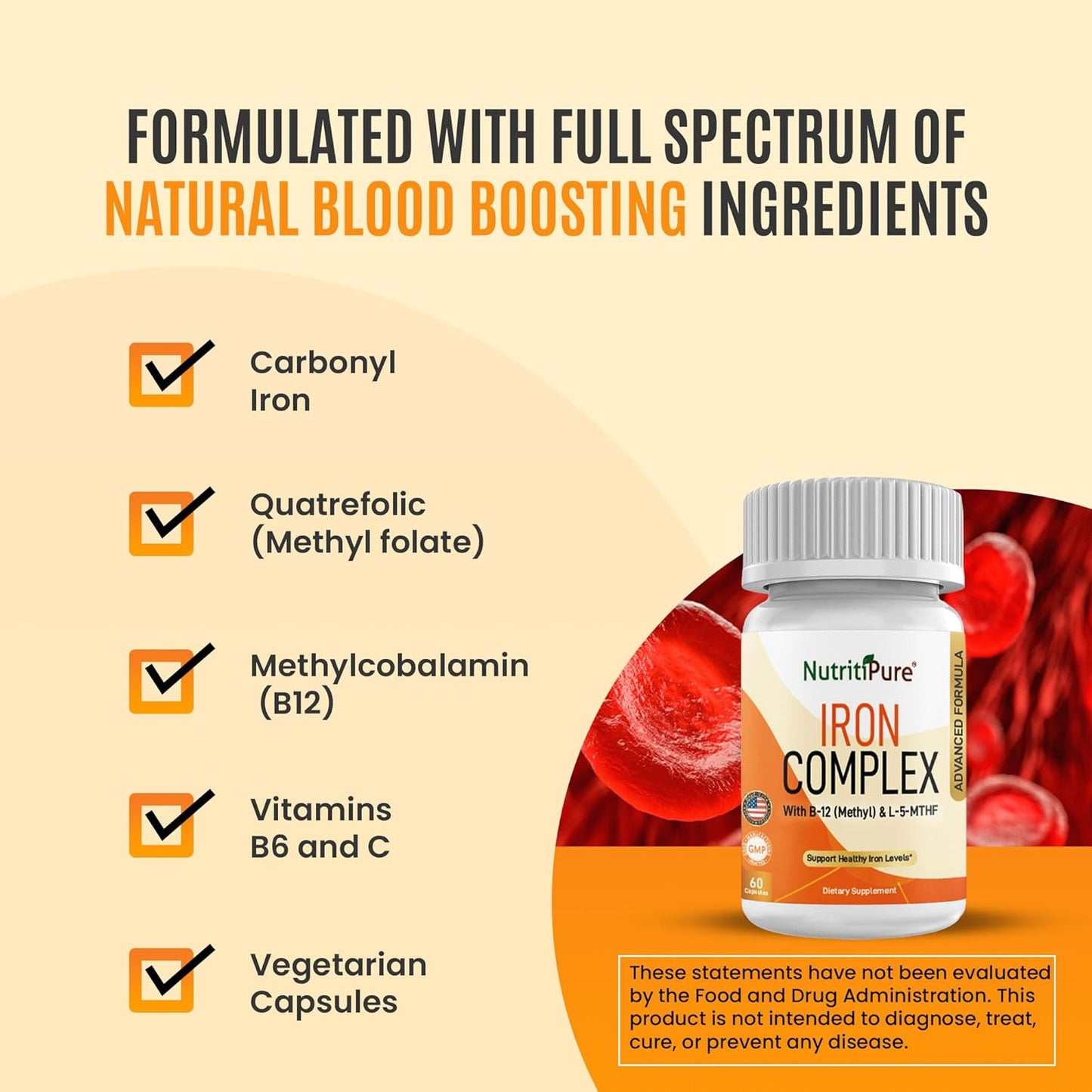 Iron Complex Capsules with Carbonyl Iron, Quatrefolic, B12, B6, and Vitamin C - Non-Constipating Blood Building Formula for Women & Men - 60 Caps