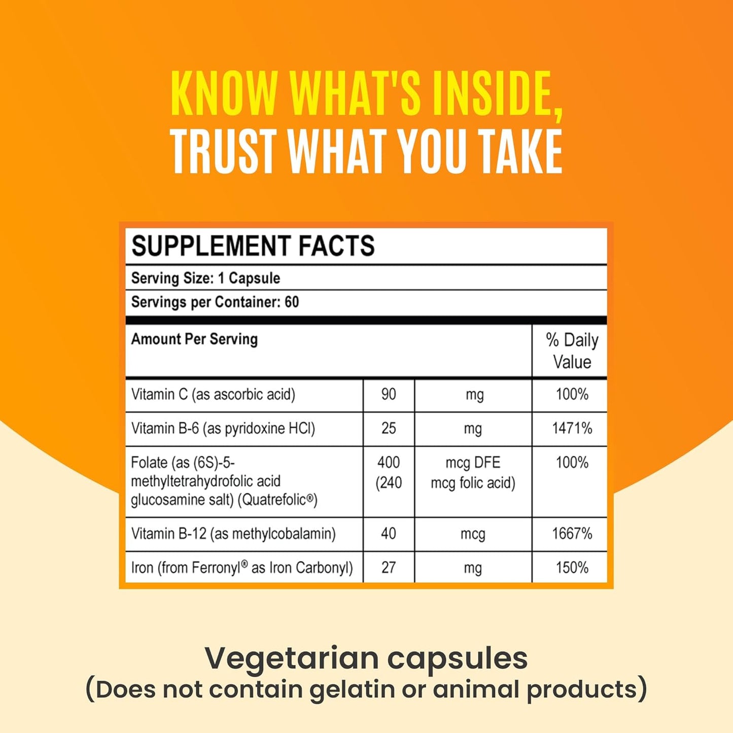 Iron Complex Capsules with Carbonyl Iron, Quatrefolic, B12, B6, and Vitamin C - Non-Constipating Blood Building Formula for Women & Men - 60 Caps