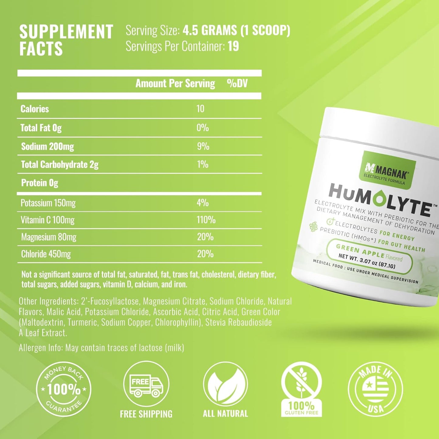 Iron Cowboy's MagNaK Speed Sauce: Humolyte Electrolyte Powder for Chemotherapy Patients - Patented HMO Formula for Gut Health & Hydration - Prebiotic, Gluten-Free, Green Apple Flavor - 3.07 oz