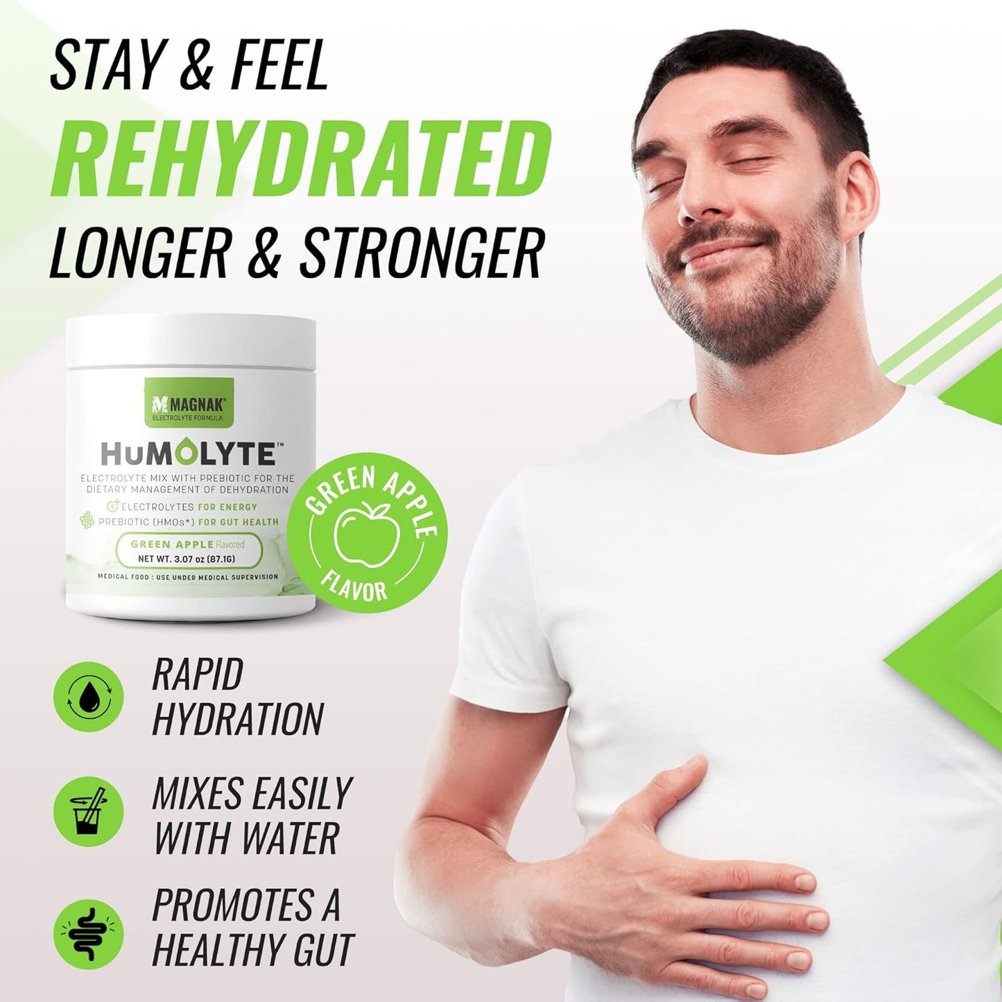 Iron Cowboy's MagNaK Speed Sauce: Humolyte Electrolyte Powder for Chemotherapy Patients - Patented HMO Formula for Gut Health & Hydration - Prebiotic, Gluten-Free, Green Apple Flavor - 3.07 oz