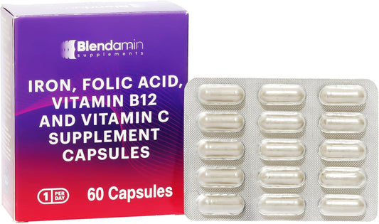 Iron Ferrous Bisglycinate Capsules with Vitamin B12, Folic Acid, Vitamin C - Boost Red Blood Cells, Immunity & Overall Health - 60 Count