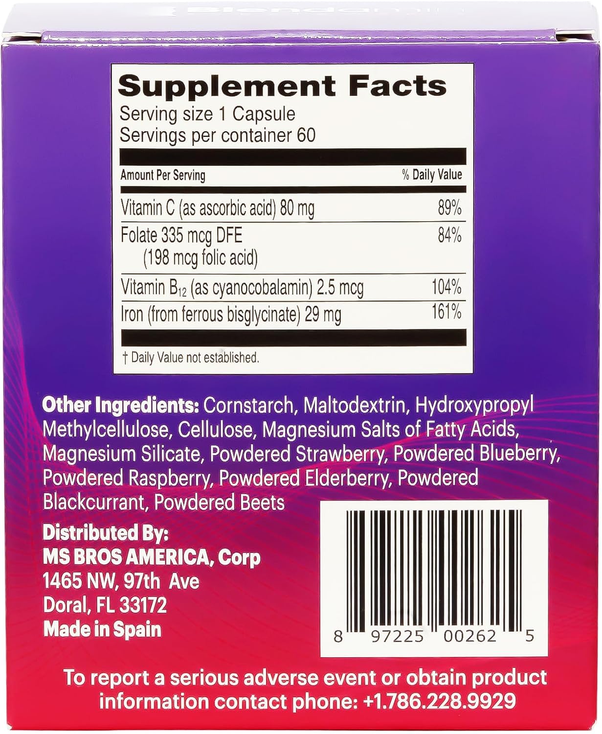 Iron Ferrous Bisglycinate Capsules with Vitamin B12, Folic Acid, Vitamin C - Boost Red Blood Cells, Immunity & Overall Health - 60 Count
