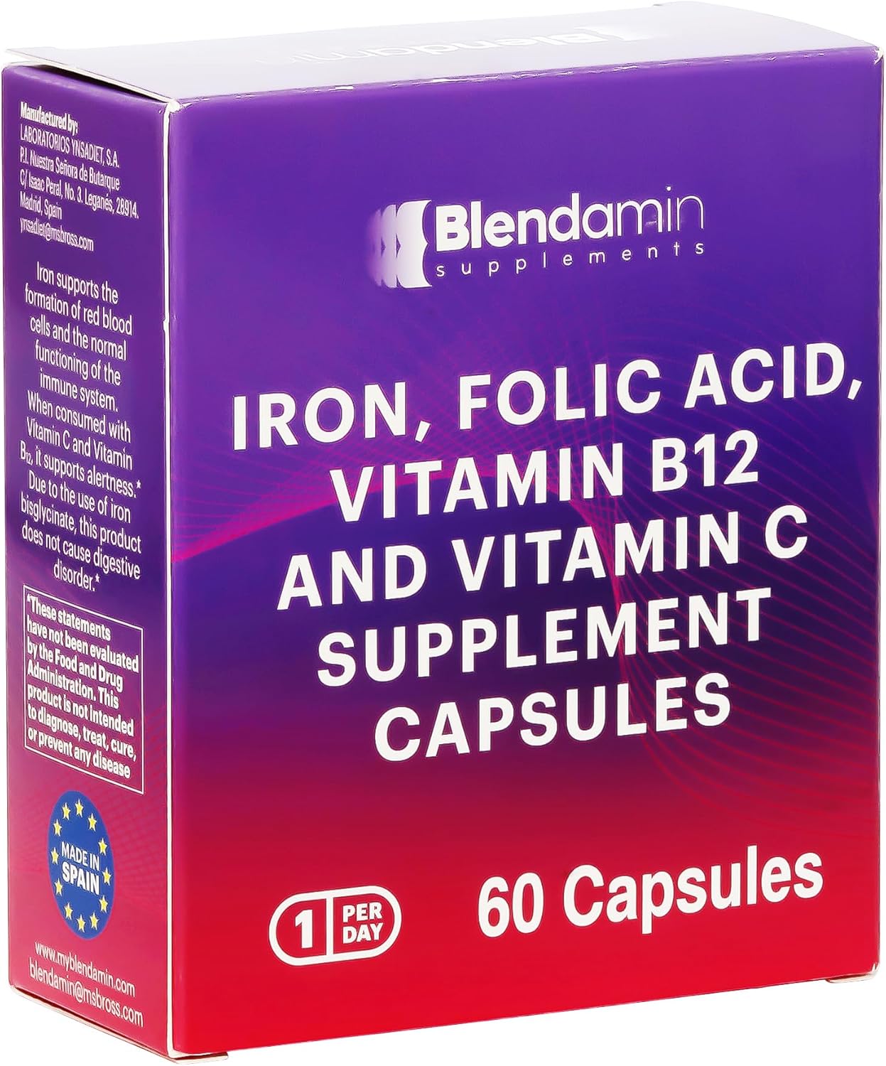 Iron Ferrous Bisglycinate Capsules with Vitamin B12, Folic Acid, Vitamin C - Boost Red Blood Cells, Immunity & Overall Health - 60 Count