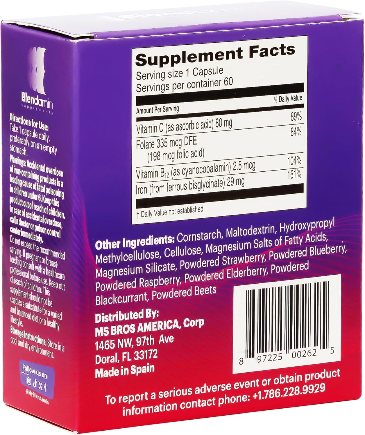 Iron Ferrous Bisglycinate Capsules with Vitamin B12, Folic Acid, Vitamin C - Boost Red Blood Cells, Immunity & Overall Health - 60 Count