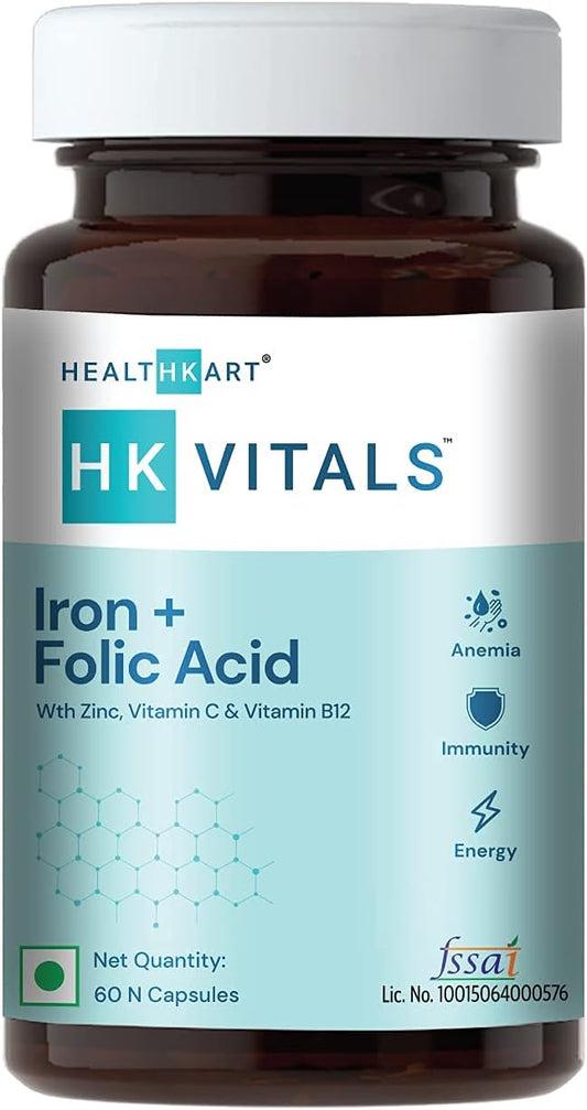 Iron Folic Acid Supplement with Zinc, Vitamin C & B12 for Blood Building, Immunity, and Energy - 60 Capsules