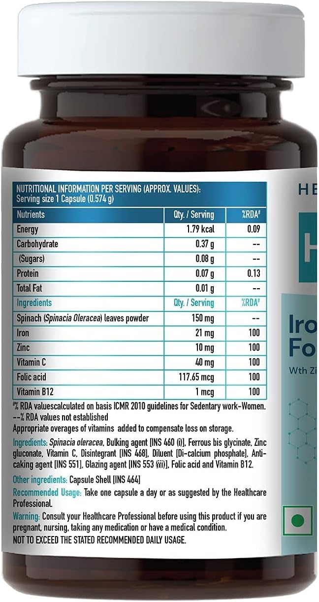 Iron Folic Acid Supplement with Zinc, Vitamin C & B12 for Blood Building, Immunity, and Energy - 60 Capsules