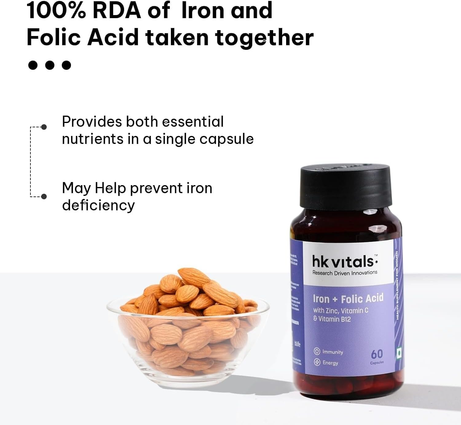 Iron Folic Acid Supplement with Zinc, Vitamin C & B12 for Blood Building, Immunity, and Energy - 60 Capsules