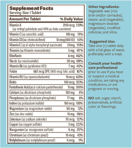Iron-Free Sustained-Release Daily Multivitamin - Vitamin A, C, D, E, B12 - Zinc for Immune Health - 60 Tablets