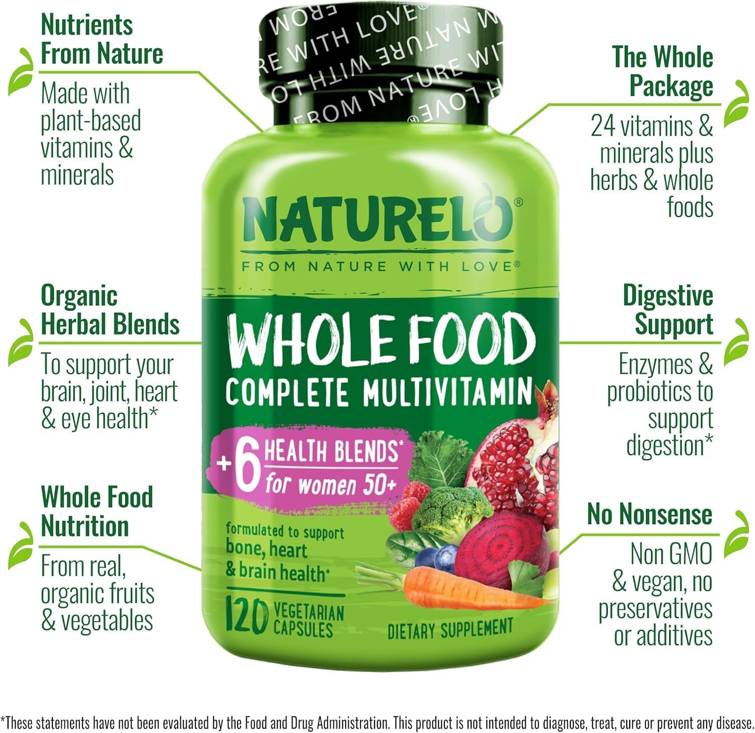 Iron-Free Whole Food Multivitamin for Women Over 50 - 120 Vegan Capsules, Non-GMO, Post Menopausal Supplement