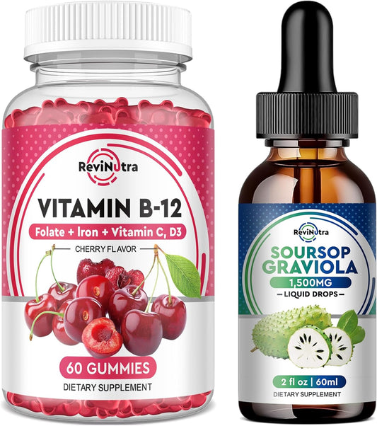 Iron Gummies and Soursop Graviola Liquid Drops Bundle for Adults and Kids by ReviNutra