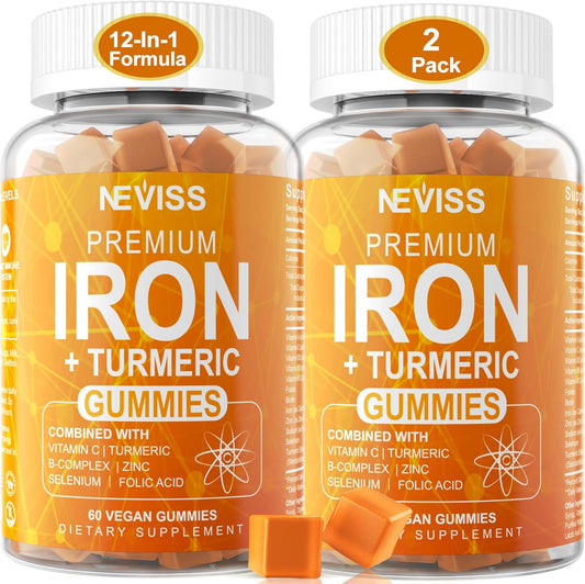 Iron Gummies for Women and Men - Non-Constipating 25mg Gentle Iron Supplement with Turmeric, Vitamin C, B12, Folate - Vegan and Tasty - 2 Pack