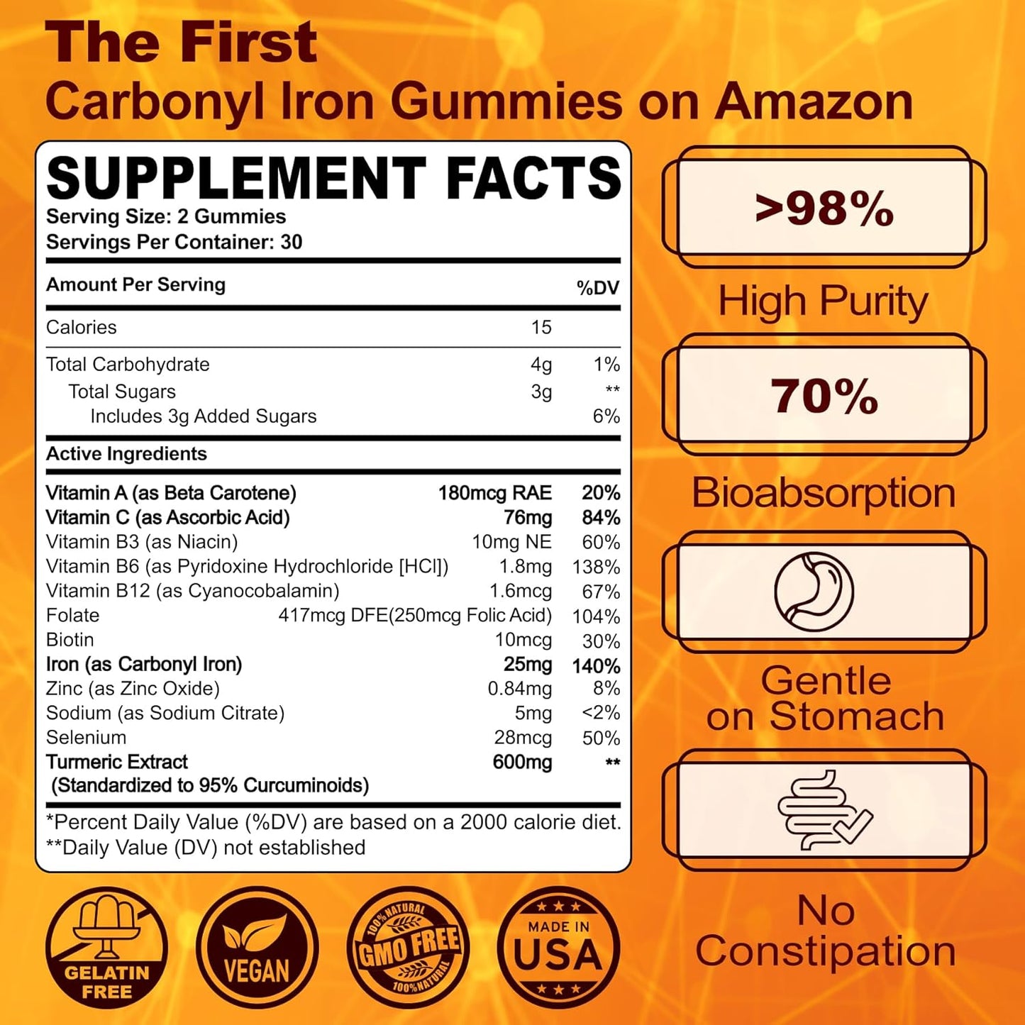 Iron Gummies for Women and Men - Non-Constipating 25mg Gentle Iron Supplement with Turmeric, Vitamin C, B12, Folate - Vegan and Tasty - 2 Pack