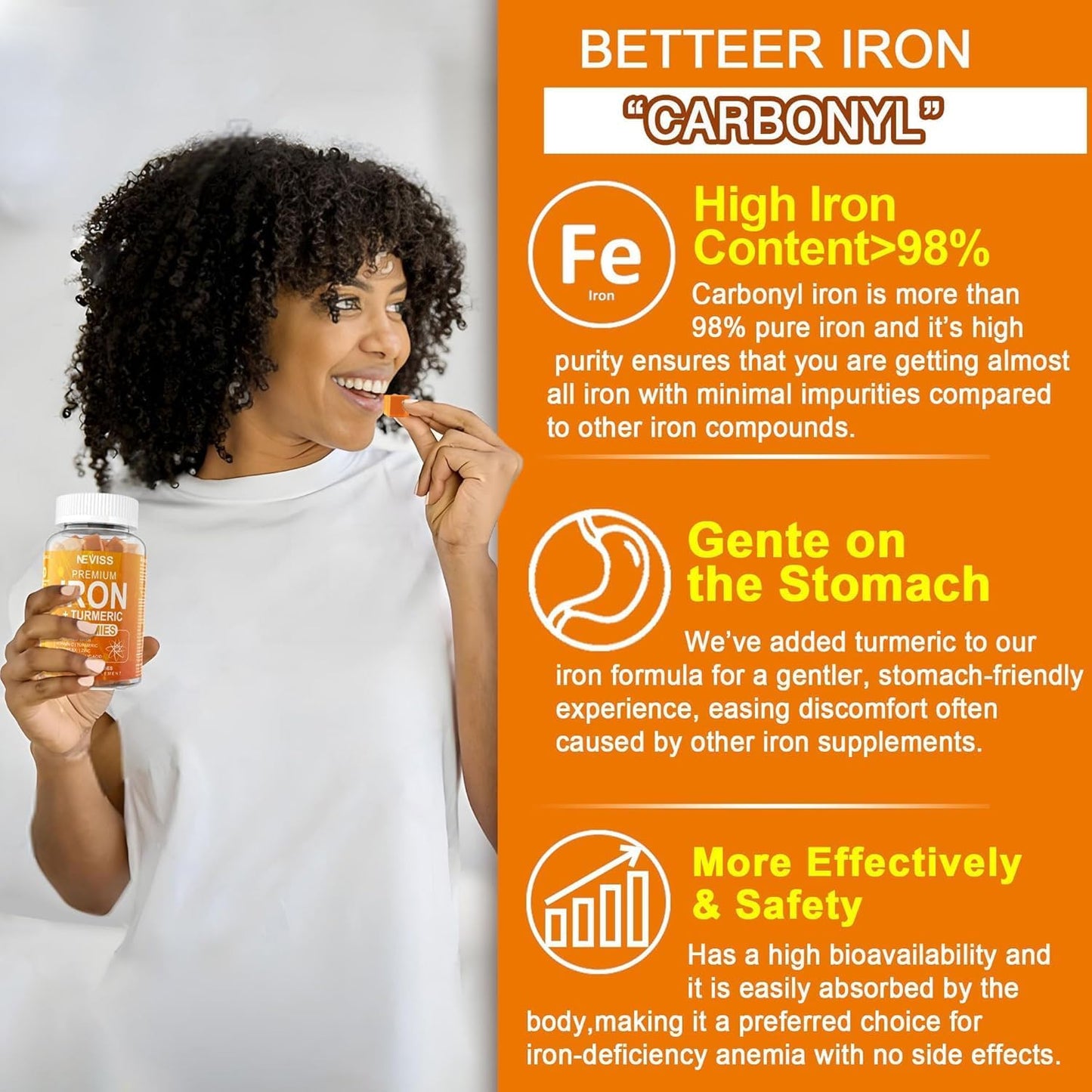 Iron Gummies for Women and Men - Non-Constipating 25mg Gentle Iron Supplement with Turmeric, Vitamin C, B12, Folate - Vegan and Tasty - 2 Pack