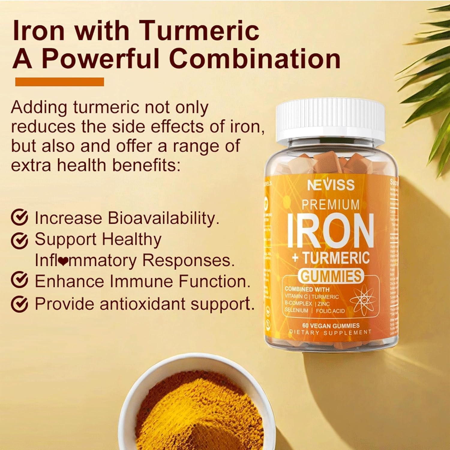 Iron Gummies for Women and Men - Non-Constipating 25mg Gentle Iron Supplement with Turmeric, Vitamin C, B12, Folate - Vegan and Tasty - 2 Pack