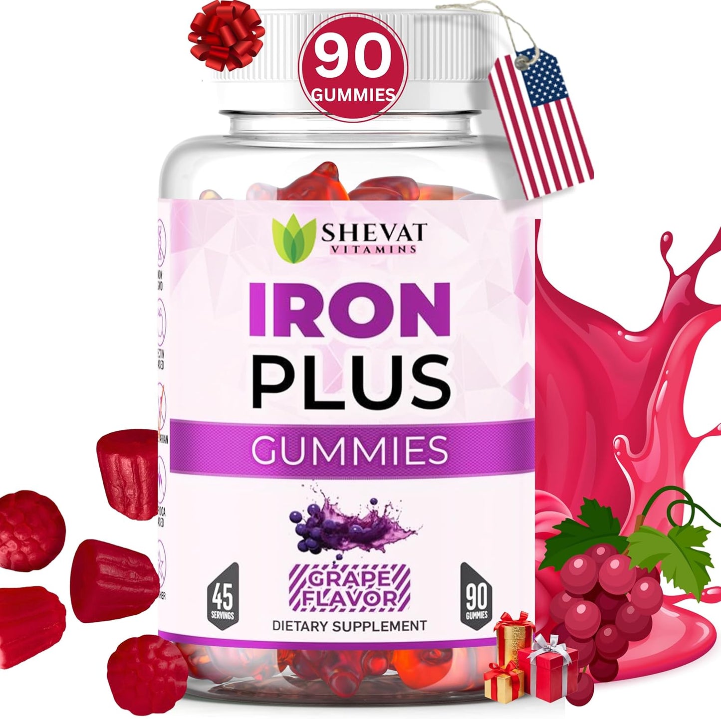 Iron Gummies for Women, Men, and Kids - Chewable Iron Supplements for Anemia - Vegan Iron Vitamins - Grape Flavor - USA Made