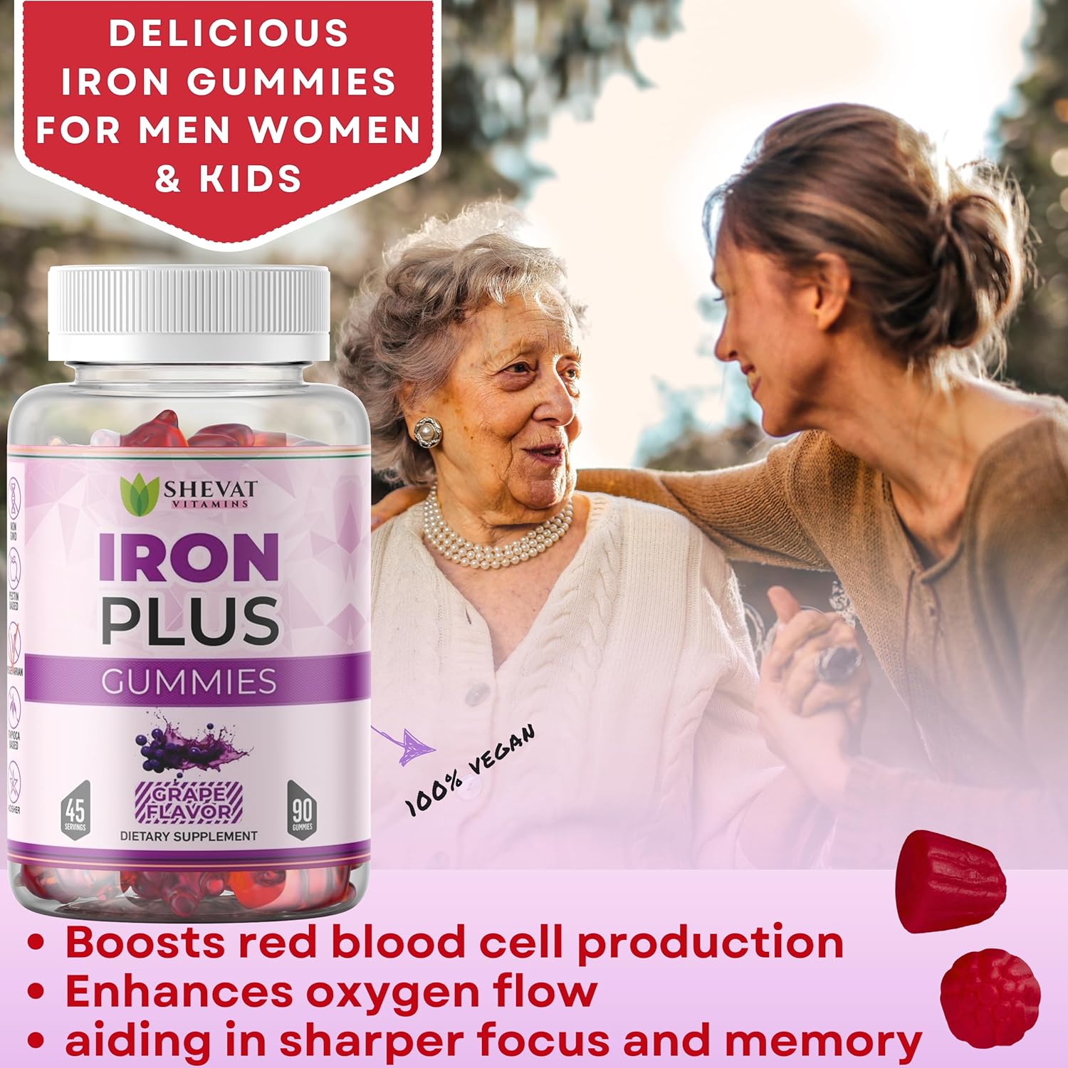 Iron Gummies for Women, Men, and Kids - Chewable Iron Supplements for Anemia - Vegan Iron Vitamins - Grape Flavor - USA Made