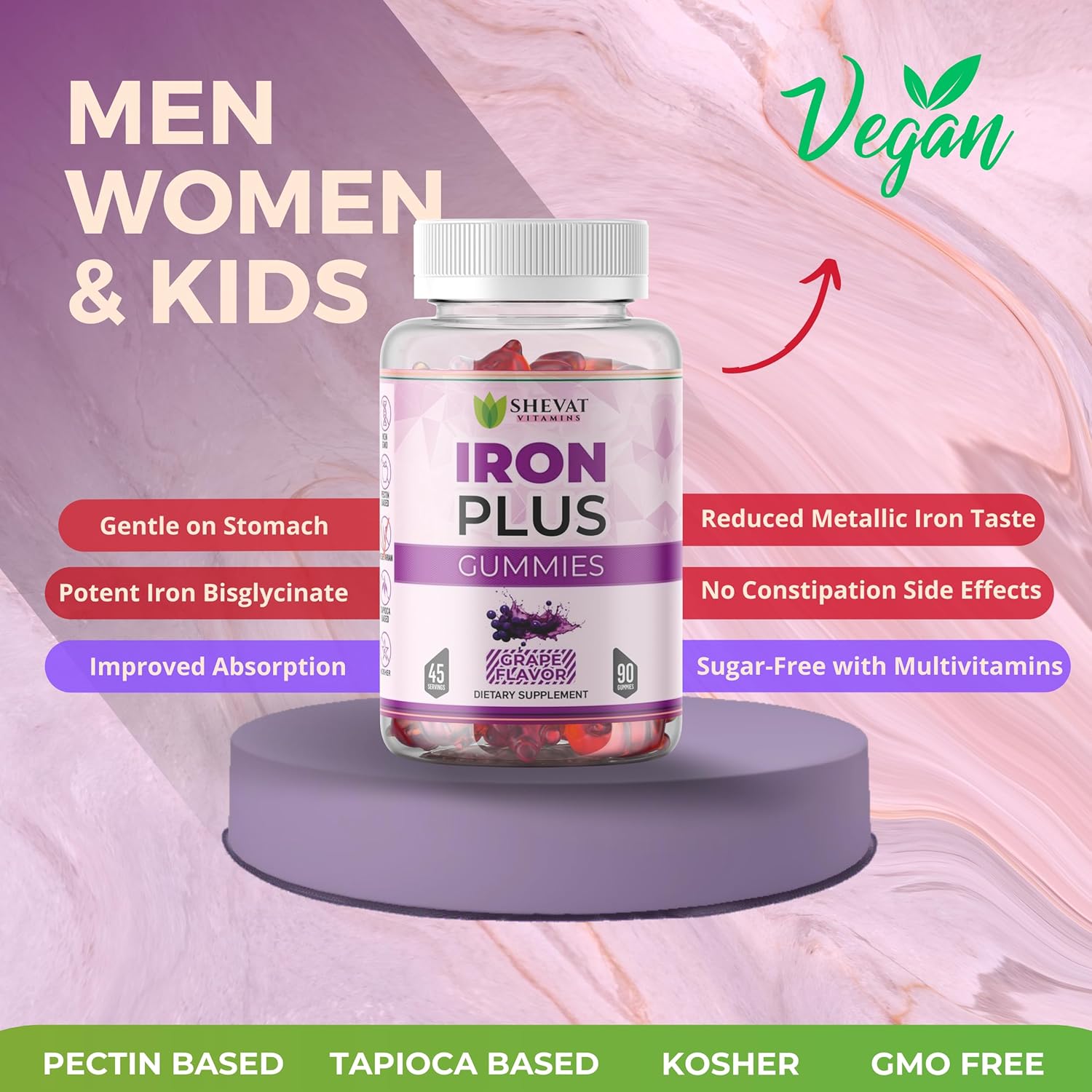 Iron Gummies for Women, Men, and Kids - Chewable Iron Supplements for Anemia - Vegan Iron Vitamins - Grape Flavor - USA Made