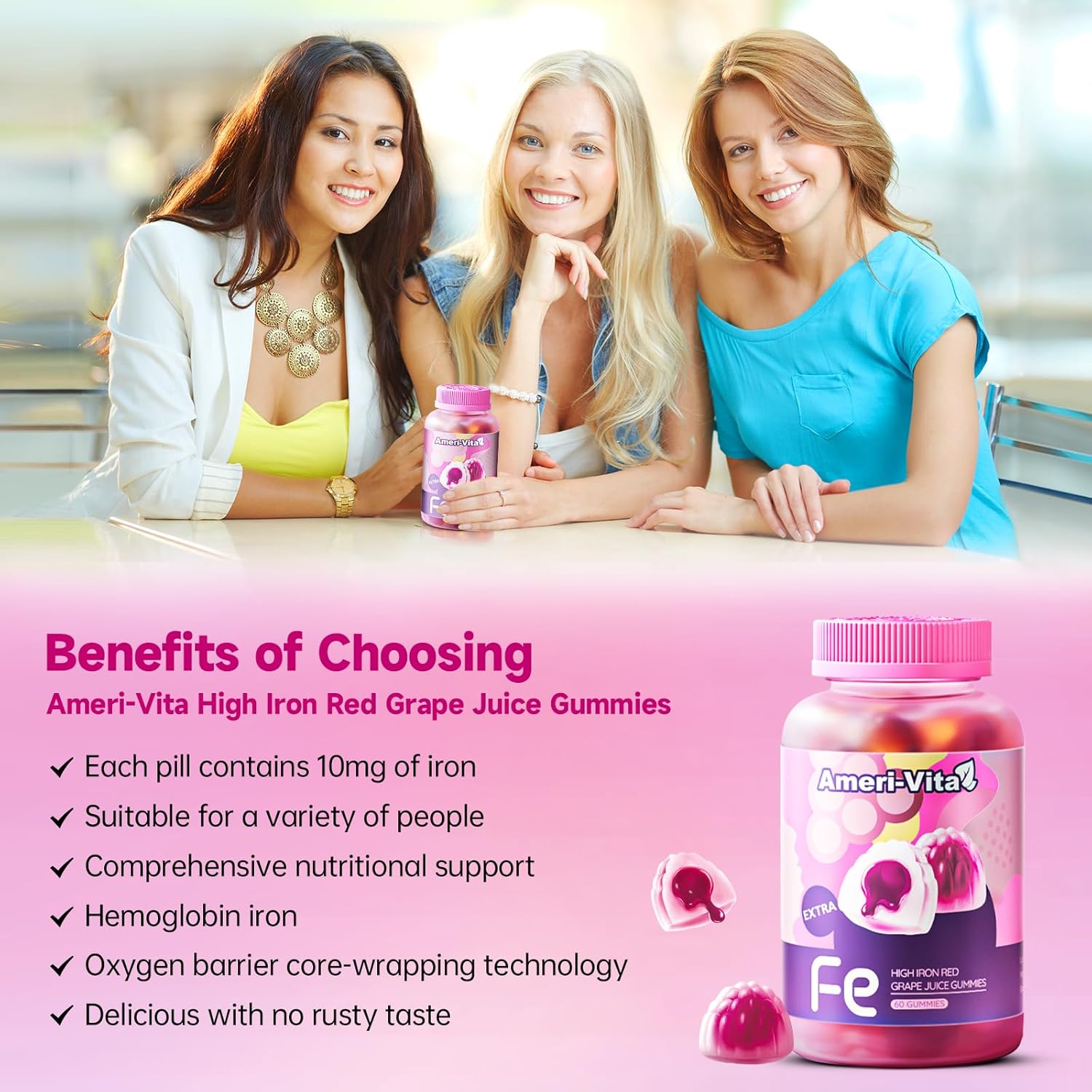 Iron Gummies for Women, Men & Kids with Vitamin C, B12, B6, Folic Acid - Sugar-Free Grape Flavor - 60 Count