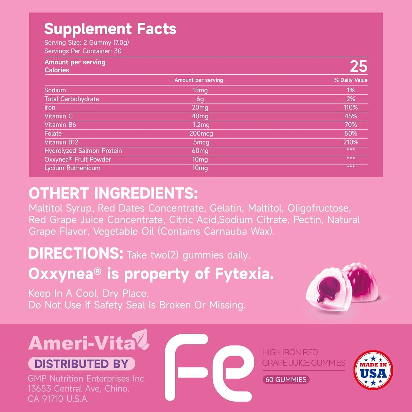 Iron Gummies for Women, Men & Kids with Vitamin C, B12, B6, Folic Acid - Sugar-Free Grape Flavor - 60 Count