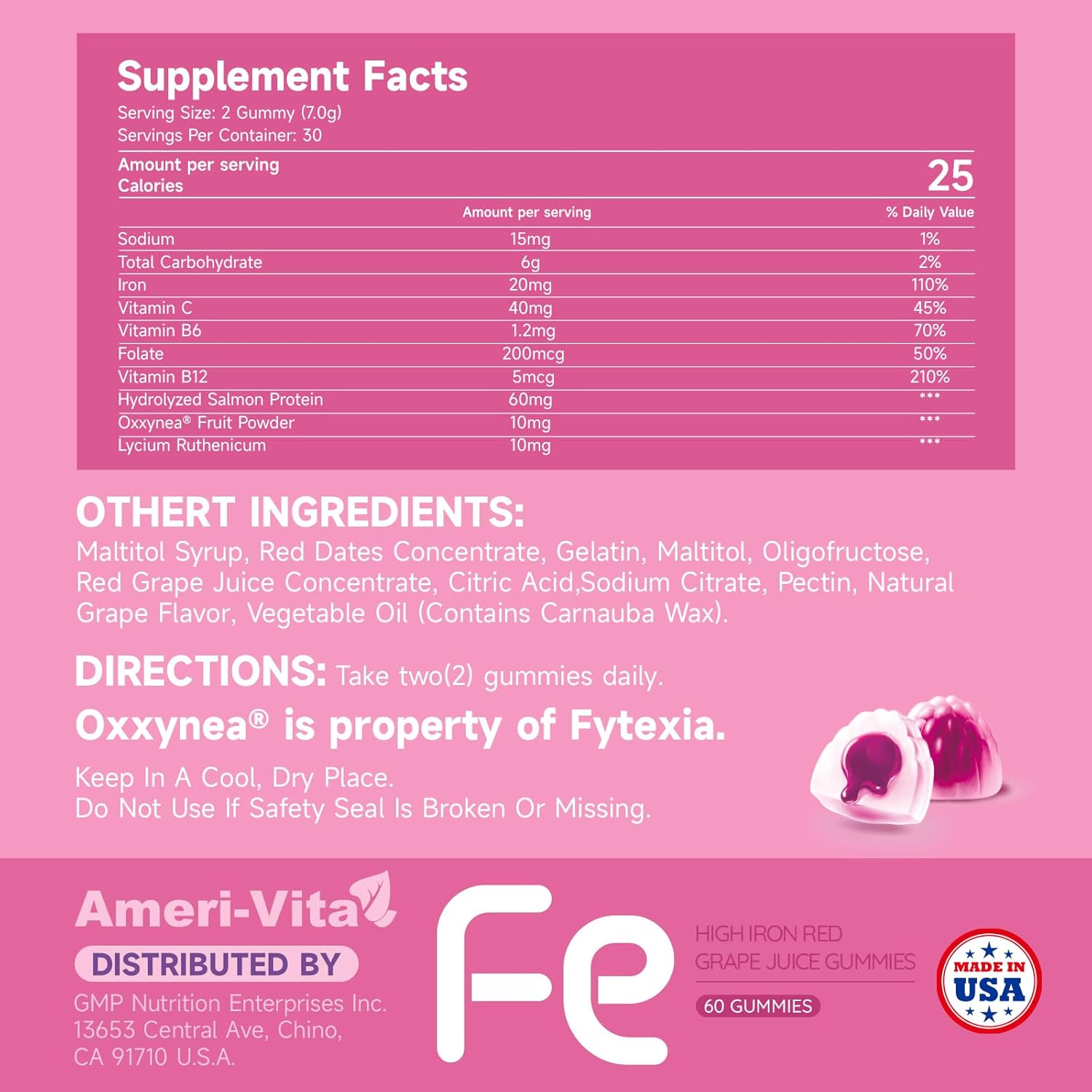 Iron Gummies for Women, Men & Kids with Vitamin C, B12, B6, Folic Acid - Sugar-Free Grape Flavor - 60 Count