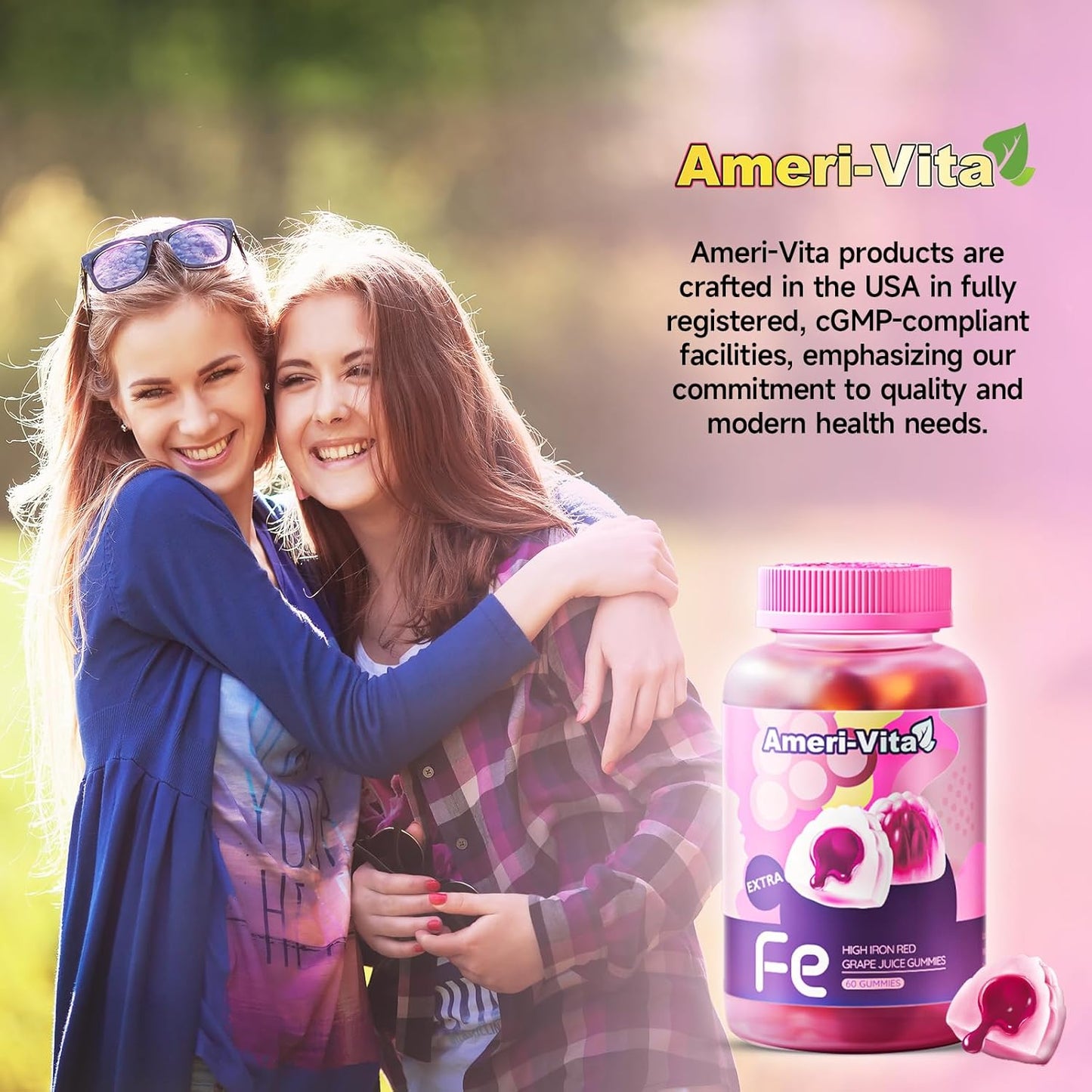 Iron Gummies for Women, Men & Kids with Vitamin C, B12, B6, Folic Acid - Sugar-Free Grape Flavor - 60 Count