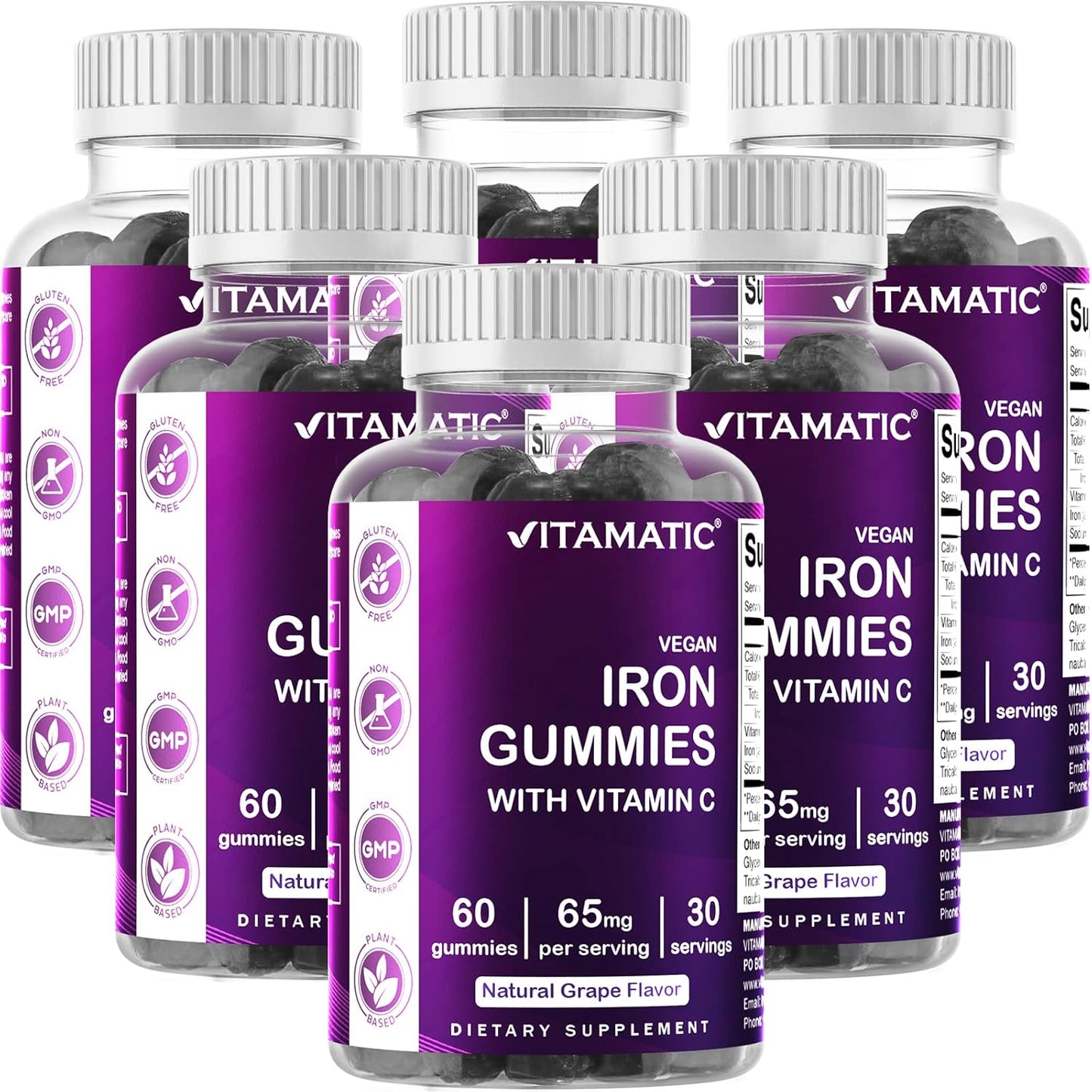 Iron Gummies Supplement 65 mg for Women & Men - 60 Vegan Gummies - Tasty Iron Vitamin with Vitamin C