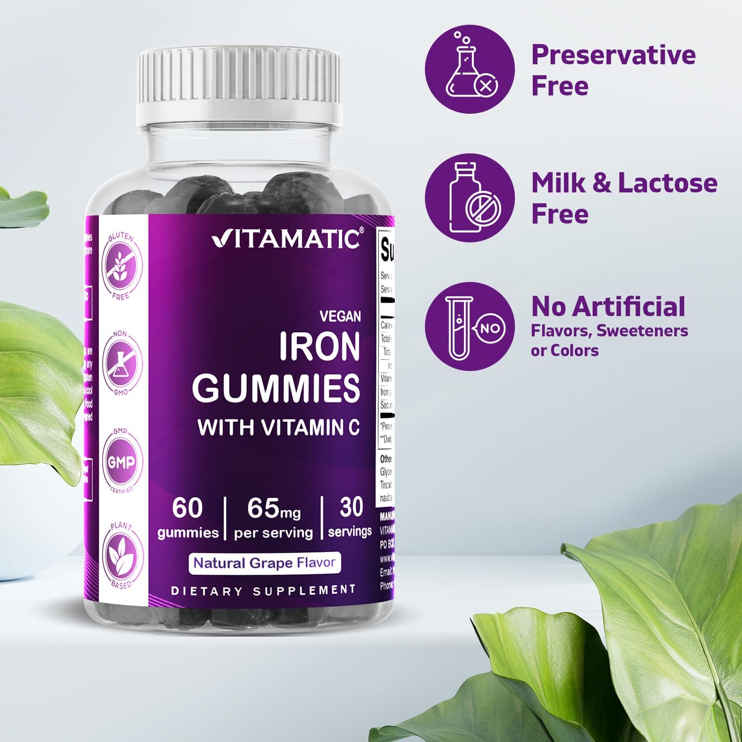 Iron Gummies Supplement 65 mg for Women & Men - 60 Vegan Gummies - Tasty Iron Vitamin with Vitamin C