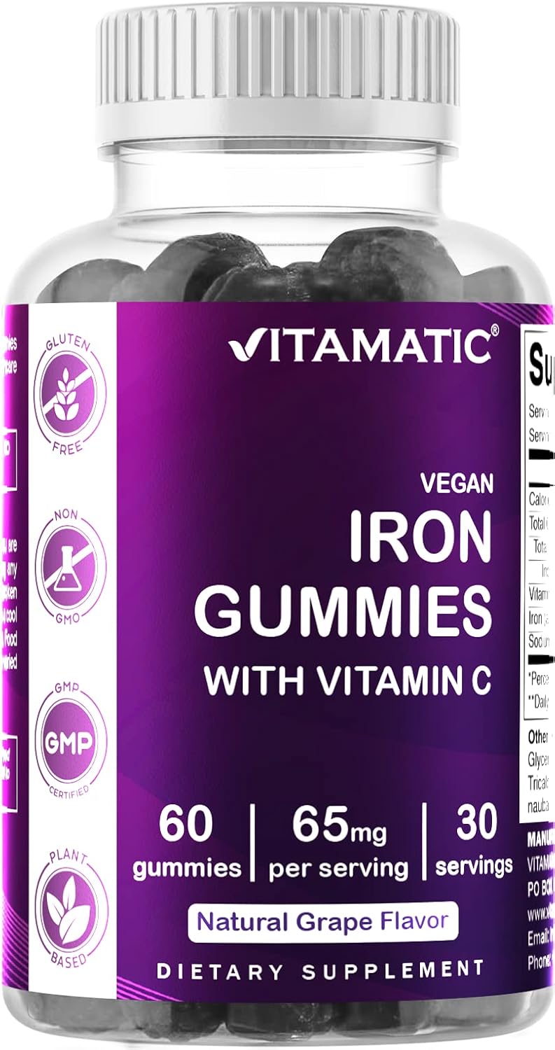 Iron Gummies Supplement 65 mg for Women & Men - 60 Vegan Gummies - Tasty Iron Vitamin with Vitamin C