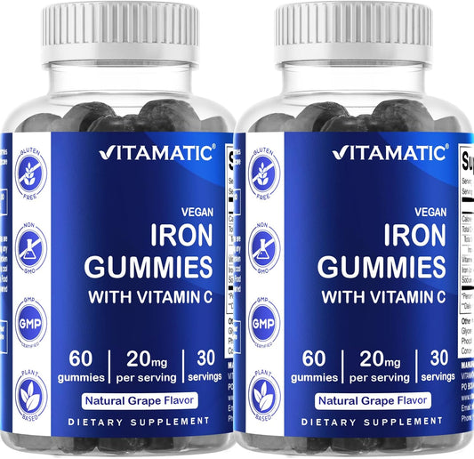 Iron Gummies Supplement for Women & Men - 20mg Serving - 60 Vegan Gummies - Delicious Iron Gummy Vitamins with Vitamin C - 2 Pack of 60 Count