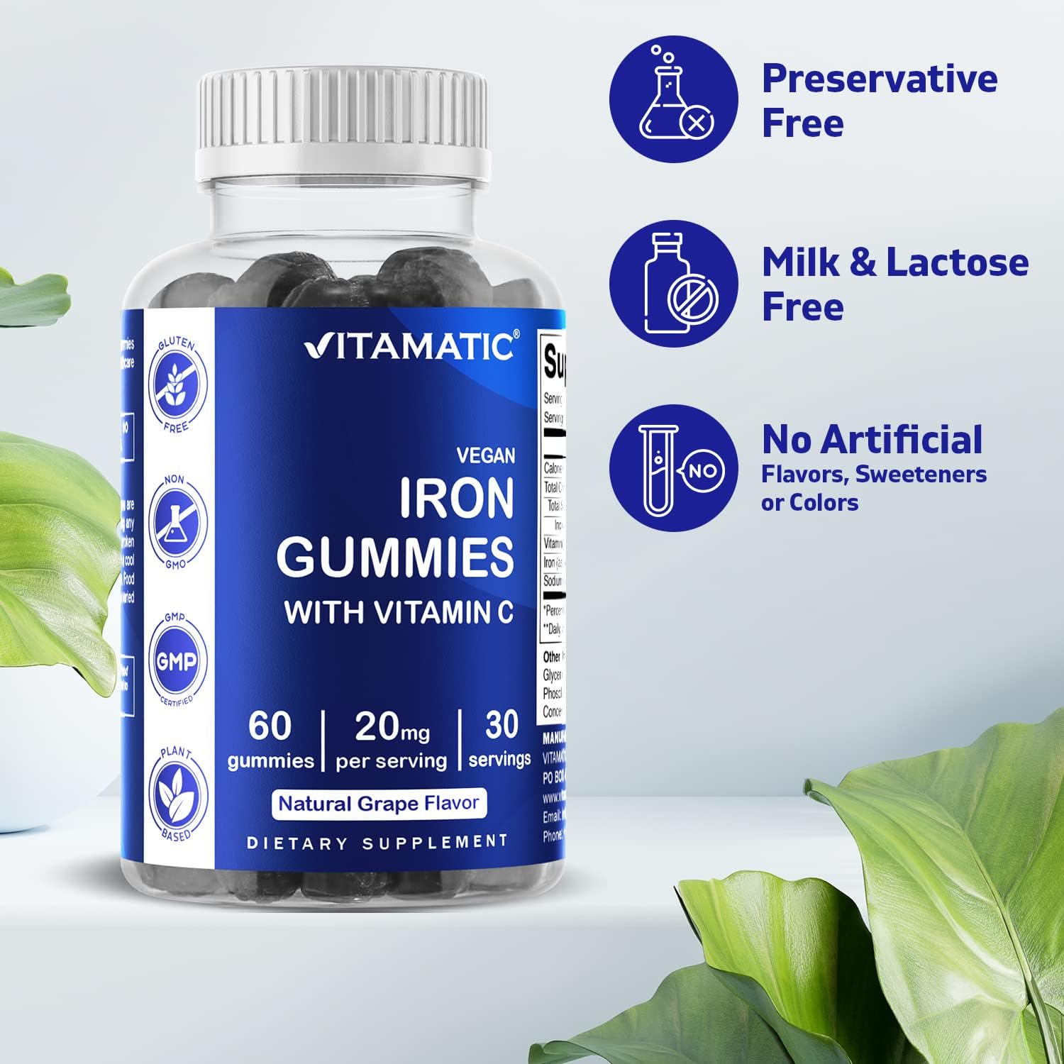 Iron Gummies Supplement for Women & Men - 20mg Serving - 60 Vegan Gummies - Delicious Iron Gummy Vitamins with Vitamin C - 2 Pack of 60 Count